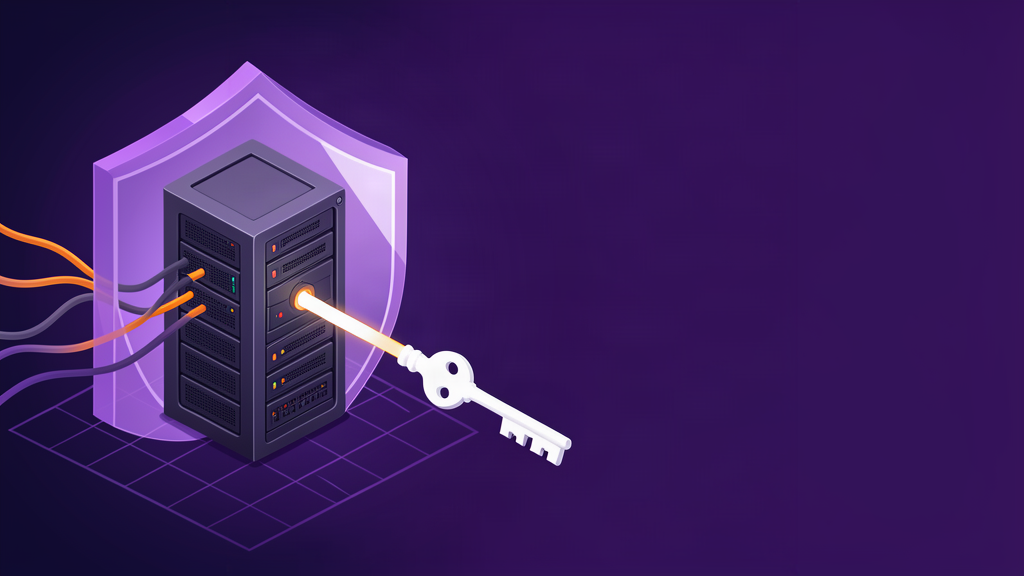 Ilustração de um servidor VPS Linux protegido por um escudo e regras de firewall.