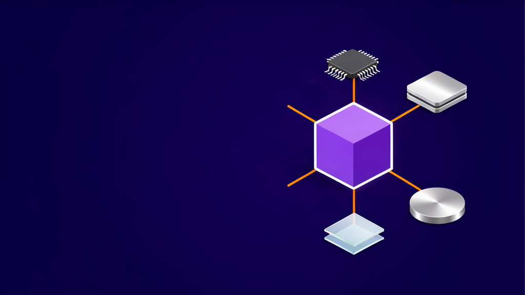 Ilustração abstrata de servidor cloud conectado a componentes que representam CPU, memória e armazenamento.