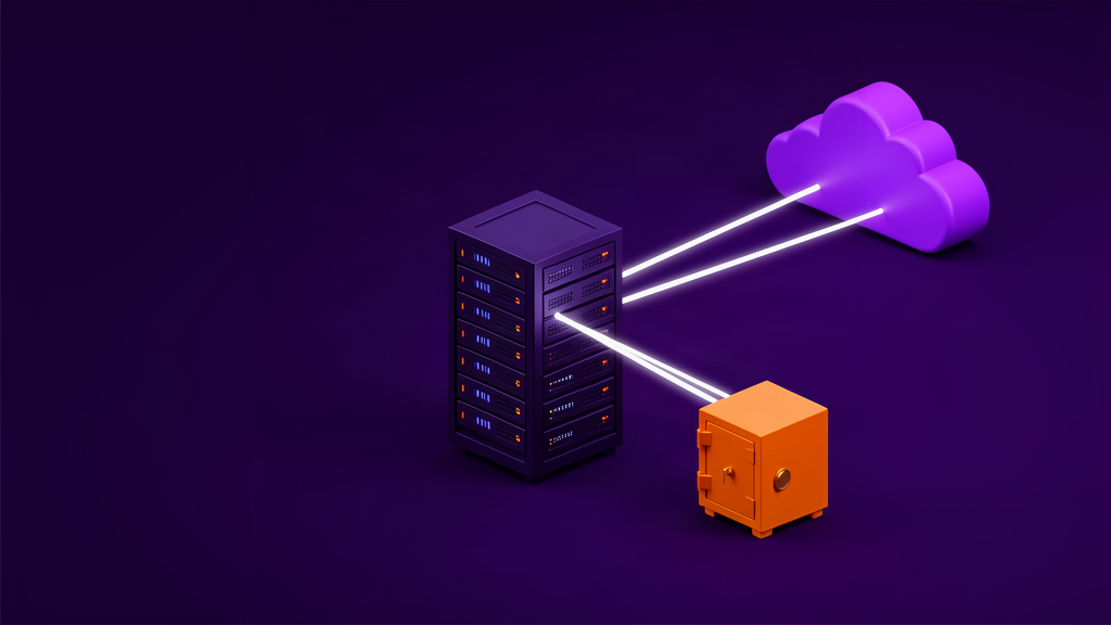 Servidor de uma empresa conectado a um cofre de backup offline e a um destino remoto em nuvem, representando cópias separadas para continuidade.