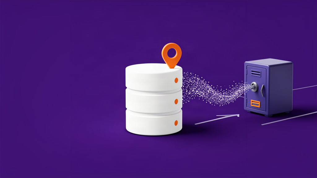 Ilustração de um banco de dados conectado a um cofre de backup e a um ponto de recuperação