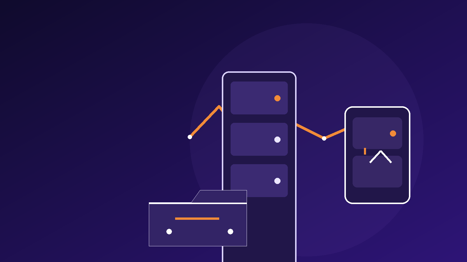 Unidade de backup isolada conectada visualmente a servidores e processo de restauração em ambiente cloud, em tons de roxo e índigo.