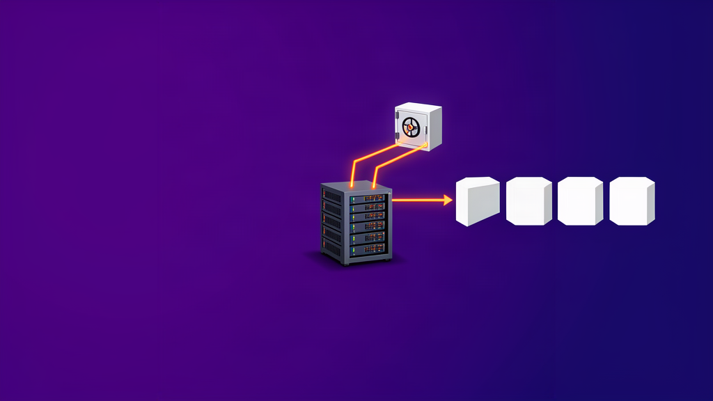 Servidor empresarial conectado a um cofre isolado de backup e a etapas visuais de recuperação de serviços.