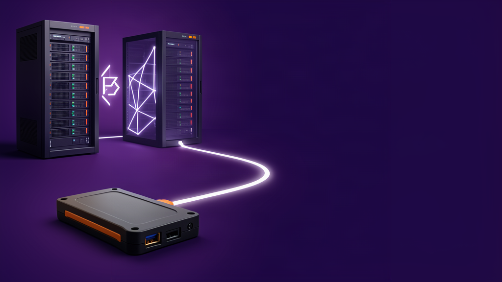 Unidade de backup isolada conectada visualmente a servidores, representando teste de restauração e continuidade contra ransomware.