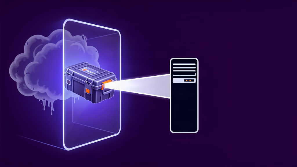 Cópia de backup isolada sendo restaurada para um servidor, em ilustração roxa e índigo.