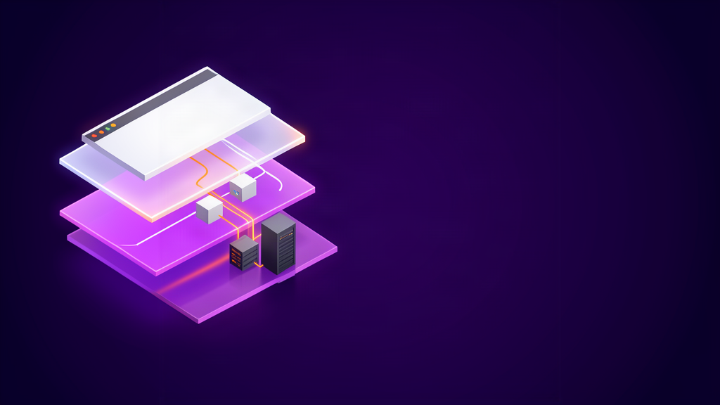 Ilustração abstrata de camadas de cache entre navegador e servidor, reduzindo requisições repetidas.