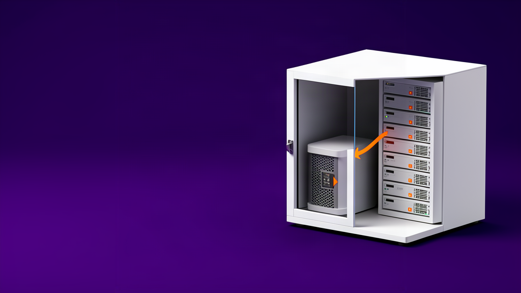 Ilustração de um servidor e um dispositivo de backup isolado, representando a recuperação planejada de um site.