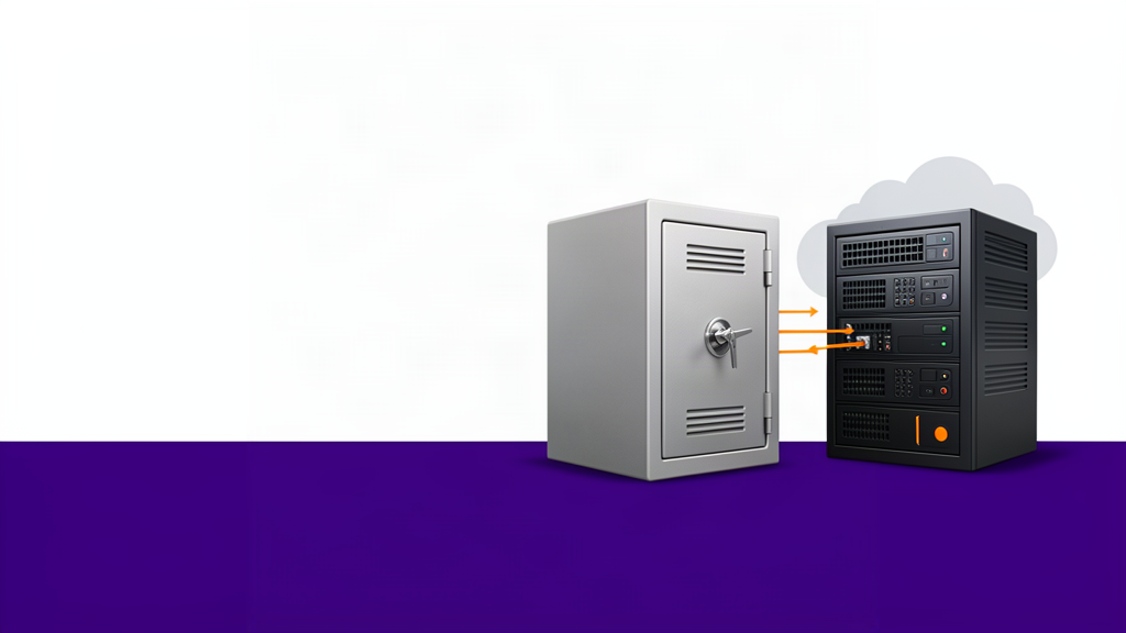 Cofre de backup isolado conectado a servidor em nuvem, ilustrando recuperação de dados e continuidade contra ransomware.