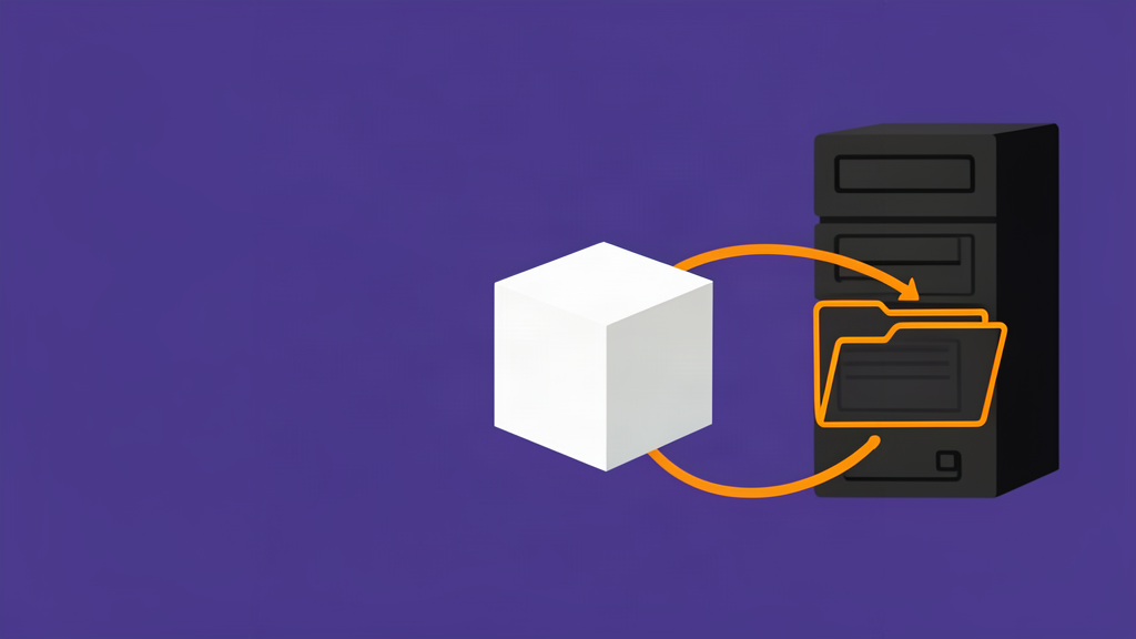 Cópia de backup off-line representada por um cubo branco sendo restaurada para um servidor, em fundo roxo e índigo.