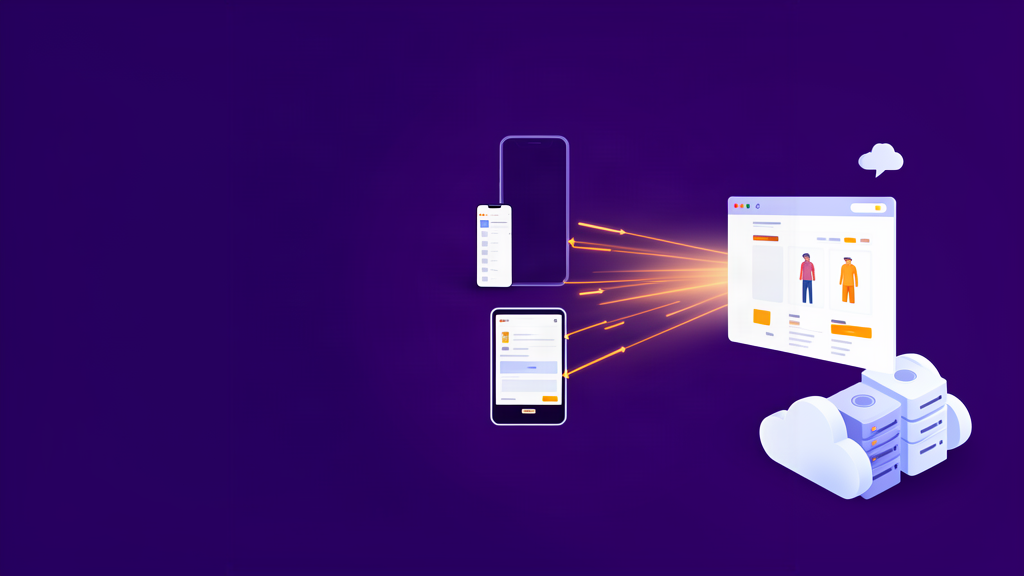 Ilustração de uma loja virtual conectada a dispositivos móveis e servidores em nuvem, representando o caminho de carregamento de um site.