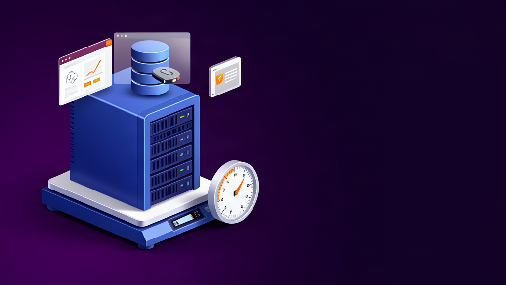 Servidor VPS em balança junto a indicadores de armazenamento e desempenho, ilustrando dimensionamento de I/O e capacidade.